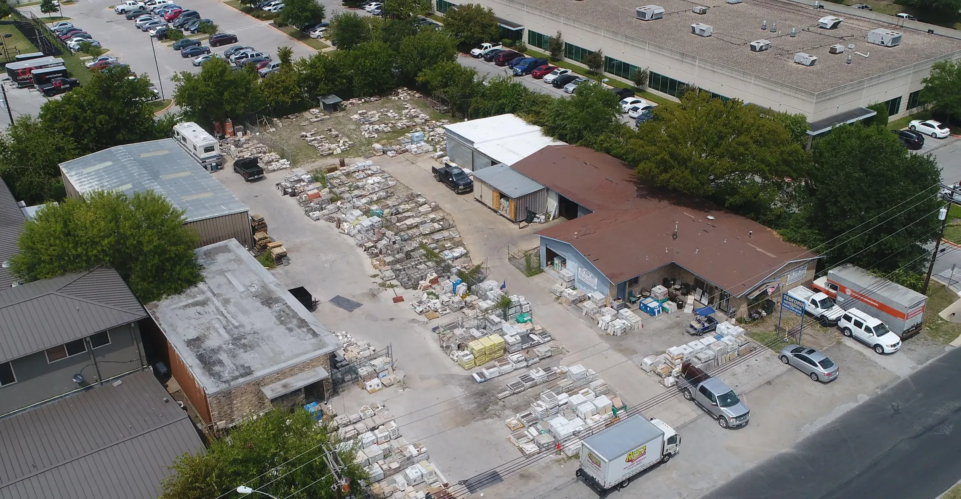 Aerial view of the Tedford yard at 9206 United Dr, Austin